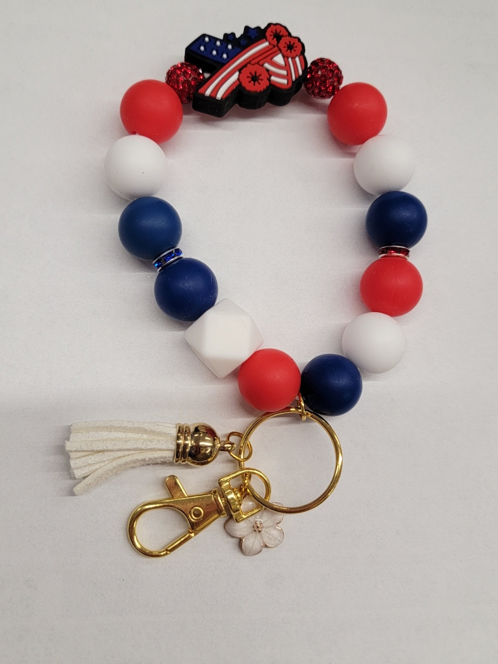 Beaded Red White & Blue Wristlet Keychain with Tassel